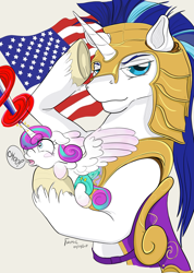 Size: 2175x3056 | Tagged: safe, artist:firimil, princess flurry heart, shining armor, pony, unicorn, american flag, american independence day, armor, cute, father and child, father and daughter, female, flurry blaster, flurrybetes, independence day, male, parent and child, salute, simple background, sneezing, united states