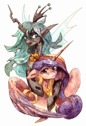 Size: 1185x1743 | Tagged: safe, artist:koviry, princess cadance, queen chrysalis, alicorn, changeling, changeling queen, pony, female, horn, traditional art