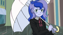 Size: 1280x720 | Tagged: safe, artist:leone di cielo, edit, princess luna, vice principal luna, equestria girls, cute, daaaaaaaaaaaw, rain, smiling, solo, umbrella, younger