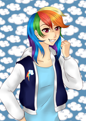 Size: 2480x3507 | Tagged: safe, artist:salamini, rainbow dash, clothes, female, humanized, multicolored hair, simple background