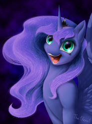 Size: 1024x1384 | Tagged: safe, artist:the1xeno1, princess luna, alicorn, pony, cute, fluffy, happy, lunabetes, open mouth, solo, spread wings