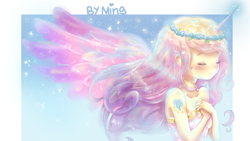 Size: 1280x720 | Tagged: safe, artist:miniiming, princess cadance, human, alternative cutie mark placement, clothes, dress, eyes closed, horned humanization, humanized, magic, shoulder cutie mark, solo, winged humanization