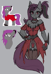 Size: 1321x1914 | Tagged: safe, artist:artisticfangirl7, artist:raptor007, oc, oc only, oc:night-dancer, anthro, earth pony, plantigrade anthro, vampire, blade, breasts, cleavage, clothes, dress, jewelry, necklace, stockings, thigh highs