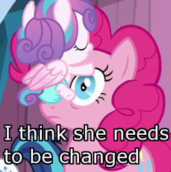 Size: 368x370 | Tagged: safe, edit, edited screencap, screencap, pinkie pie, princess flurry heart, shining armor, earth pony, pony, unicorn, the crystalling, cropped, facehug, frown, image macro, meme, princess facehugger, shocked, wide eyes