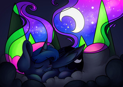 Size: 7016x4961 | Tagged: safe, artist:cutepencilcase, princess luna, alicorn, pony, absurd resolution, cloud, crescent moon, freckles, moon, sleeping, smiling, solo, sweet dreams fuel, transparent moon