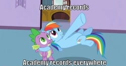 Size: 500x260 | Tagged: safe, rainbow dash, spike, dragon, pegasus, pony, spike at your service, academy record, image macro, meme, x x everywhere