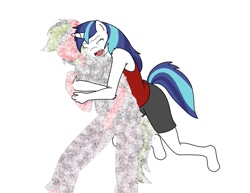 Size: 1244x958 | Tagged: safe, artist:linedraweer, gleaming shield, shining armor, oc, anthro, unguligrade anthro, unicorn, anthro oc, canon x oc, commission, crying, fading, hug, hug from behind, rule 63