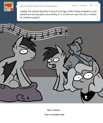 Size: 666x795 | Tagged: safe, artist:egophiliac, princess luna, oc, oc:frolicsome meadowlark, oc:sunshine smiles (egophiliac), bat pony, pony, cartographer's chicken, filly, grayscale, monochrome, moonstuck, music notes, silly, woona, woonoggles, younger