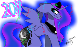 Size: 1024x615 | Tagged: safe, artist:itzdatag0ndray, princess luna, alicorn, pony, 2017, 3ds, colors! 3d, confetti, moonbutt, new year, simple background, smiling, solo