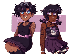 Size: 2100x1451 | Tagged: safe, artist:mochietti, diamond tiara, silver spoon, human, alternate hairstyle, alternate universe, blushing, bracelet, choker, clothes, dark skin, dress, duo, ear piercing, earring, eyebrow piercing, female, glasses, goth, hair dye, humanized, jewelry, lip piercing, necklace, nose piercing, older, pantyhose, piercing, pigtails, pleated skirt, ripped pantyhose, simple background, skirt, socks, spiked choker, stockings, striped pantyhose, striped socks, tanktop, tattoo, thigh highs, torn clothes, transparent background