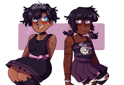 Size: 2100x1451 | Tagged: safe, alternate version, artist:mochietti, diamond tiara, silver spoon, human, alternate hairstyle, alternate universe, blushing, bracelet, choker, clothes, dark skin, dress, duo, ear piercing, earring, eyebrow piercing, female, glasses, goth, hair dye, humanized, jewelry, lip piercing, necklace, nose piercing, older, pantyhose, piercing, pigtails, pleated skirt, ripped pantyhose, simple background, skirt, socks, spiked choker, stockings, striped pantyhose, striped socks, tanktop, tattoo, thigh highs, torn clothes, white background