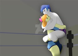 Size: 1600x1163 | Tagged: safe, artist:supermaxx92, orange sherbette, shining armor, equestria girls, alumnus shining armor, bearhug, crystal prep academy, fight, watermark, wrestler, wrestling, wrestling ring