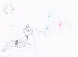 Size: 2048x1494 | Tagged: safe, artist:ragmo, princess luna, alicorn, pony, fireworks, moon, solo, traditional art