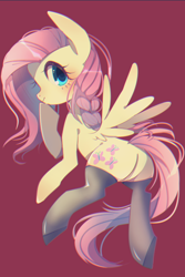 Size: 1350x2019 | Tagged: safe, artist:setoya, fluttershy, pegasus, pony, chromatic aberration, clothes, cute, plot, shyabetes, solo, stockings, thigh highs