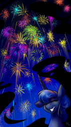 Size: 750x1334 | Tagged: safe, artist:cosmalumi, princess luna, alicorn, pony, cute, eyes closed, fireworks, grin, happy new year, happy new year 2017, long mane, lunabetes, missing accessory, night, smiling, solo