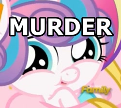 Size: 643x575 | Tagged: safe, edit, screencap, princess cadance, princess flurry heart, alicorn, pony, the crystalling, baby, blue eyes, close-up, diaper, discovery family, discovery family logo, face of mercy, faic, female, filly, foal, image macro, meme, murder, pure unfiltered evil, text, text edit, watermark