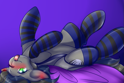 Size: 623x417 | Tagged: safe, artist:kittykieffer, derpibooru exclusive, oc, oc only, oc:nightglider, bat pony, :p, blushing, clothes, cute, lying down, on back, one eye closed, pillow, silly, socks, solo, stockings, striped socks, thigh highs, tongue out, wink