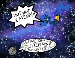 Size: 1650x1275 | Tagged: safe, artist:kprovido, princess luna, alicorn, pony, angry, crossover, female, floating, mare, portal (valve), s1 luna, space, space core, stars