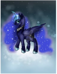 Size: 1024x1343 | Tagged: safe, artist:inkjulz, princess luna, alicorn, pony, glowing horn, solo, watermark