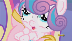 Size: 1440x810 | Tagged: safe, screencap, princess cadance, princess flurry heart, alicorn, pony, the crystalling, derp, discovery family logo, lol, meme, open mouth, puffy cheeks, smiling