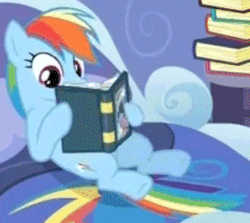 Size: 312x278 | Tagged: safe, edit, edited screencap, screencap, rainbow dash, pegasus, pony, read it and weep, animated, bed, book, cropped, hoofy-kicks, leg wiggle, reaction image, solo, vulgar, what the fuck am i reading