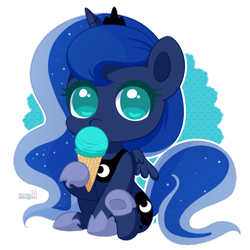 Size: 1024x1024 | Tagged: safe, artist:exceru-karina, princess luna, alicorn, pony, chibi, crown, cute, eating, ethereal mane, food, hnnng, hoof hold, ice cream, ice cream cone, jewelry, looking at you, lunabetes, regalia, simple background, solo, starry mane, transparent background