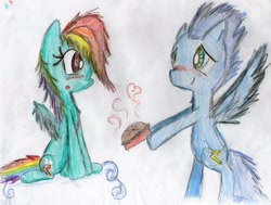 Size: 900x681 | Tagged: safe, artist:beacatrainbowdashlol, rainbow dash, soarin', pegasus, pony, female, male, pie, shipping, soarindash, straight, traditional art