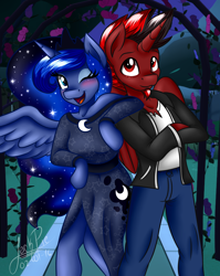 Size: 1600x2009 | Tagged: safe, artist:jack-pie, princess luna, oc, oc:fowac, alicorn, anthro, unguligrade anthro, alicorn oc, arm hooves, blushing, clothes, commission, crossed hooves, crown, cute, dress, eyeshadow, jacket, jewelry, lunabetes, makeup, one eye closed, open mouth, pants, regalia, royal gardens, shipping, spread wings, wink