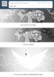 Size: 666x950 | Tagged: safe, artist:egophiliac, princess luna, oc, oc:frolicsome meadowlark, oc:pebbl, oc:sunshine smiles (egophiliac), bat pony, pony, roc, crown, eyepatch, filly, grayscale, jewelry, lightning, monochrome, monster-fighting manteau, moon roc, moonstuck, regalia, woona, woonoggles, younger