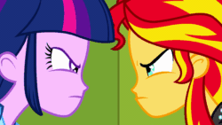 Size: 1920x1080 | Tagged: safe, sunset shimmer, twilight sparkle, equestria girls, equestria girls (movie), angry, animated, smug