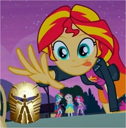 Size: 363x369 | Tagged: safe, sunset shimmer, equestria girls, bionicle, kanohi ignika, lego, mask of life, meme, sunset shimmer reaching for things, this will end in tears