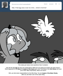 Size: 666x800 | Tagged: safe, artist:egophiliac, princess luna, oc, oc:frolicsome meadowlark, oc:pebbl, oc:sunshine smiles (egophiliac), bat pony, pony, roc, filly, flying, grayscale, monochrome, moon roc, moonstuck, woona, woonoggles, younger