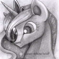 Size: 2462x2480 | Tagged: safe, artist:lunar-white-wolf, princess luna, alicorn, pony, bust, grayscale, monochrome, portrait, solo, traditional art