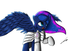 Size: 2560x1714 | Tagged: safe, artist:xaski21, princess luna, alicorn, pony, armor, raised hoof, simple background, solo, spread wings