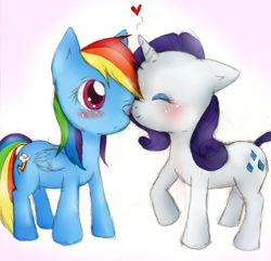 Size: 900x867 | Tagged: safe, artist:kandiikitsune, rainbow dash, rarity, pegasus, pony, unicorn, chibi, cute, female, kissing, lesbian, nuzzling, raridash, shipping