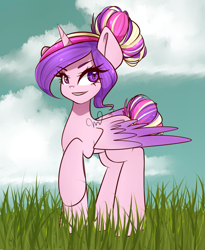 Size: 1069x1303 | Tagged: safe, artist:gelay-gulay, princess cadance, alicorn, pony, alternate hairstyle, grin, raised hoof, solo, style emulation