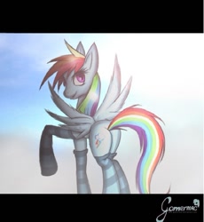 Size: 501x545 | Tagged: dead source, safe, artist:gamermac, rainbow dash, pegasus, pony, clothes, plot, socks, solo, striped socks