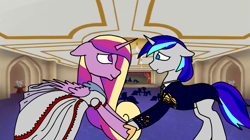 Size: 1193x669 | Tagged: safe, artist:slamjam, princess cadance, shining armor, alicorn, pony, unicorn, ballroom, clothes, dress, suit, video at source