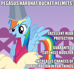 Size: 500x462 | Tagged: safe, screencap, rainbow dash, pegasus, pony, suited for success, all caps, bucket, bucketdash, cute, dashabetes, headbucket, image macro, impact font, open mouth