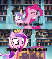 Size: 1280x1440 | Tagged: safe, edit, screencap, pinkie pie, princess cadance, princess flurry heart, alicorn, earth pony, pony, the crystalling, cadance is a goddamn moron, image macro, meme, rock-a-bye bivalve, spongebob squarepants, text edit