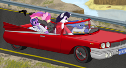 Size: 2000x1083 | Tagged: safe, artist:sv37, princess cadance, princess celestia, princess luna, twilight sparkle, twilight sparkle (alicorn), alicorn, pony, alicorn tetrarchy, car, clothes, costume, elvis impersonator contest, elvis presley, female, mare