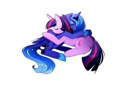 Size: 1300x921 | Tagged: safe, artist:skyeypony, princess luna, twilight sparkle, alicorn, pony, female, hug, lesbian, shipping, simple background, snuggling, transparent background, twiluna