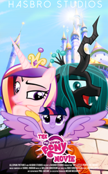 Size: 1600x2560 | Tagged: safe, artist:mylittlebroniede, princess cadance, queen chrysalis, twilight sparkle, twilight sparkle (alicorn), alicorn, changeling, changeling queen, pony, female, mare, movie poster, my little pony logo, poster