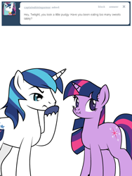 Size: 480x640 | Tagged: safe, artist:dekomaru, shining armor, twilight sparkle, pony, unicorn, ask, scrunchy face, shining armor is a goddamn moron, simple background, tumblr, tumblr:ask twixie, white background