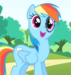 Size: 590x620 | Tagged: safe, screencap, rainbow dash, pegasus, pony, griffon the brush off, black eye, prank, solo