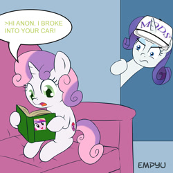 Size: 1000x1000 | Tagged: safe, artist:empyu, edit, princess cadance, rarity, sweetie belle, alicorn, pony, unicorn, /mlp/, 4chan, book, drama from another site, exploitable meme, hi anon, implied carjacking, meme, sweetie belle's book, the scruffening