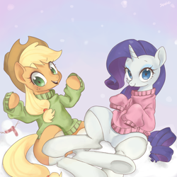 Size: 1352x1352 | Tagged: safe, artist:jus+ice, applejack, rarity, earth pony, pony, unicorn, clothes, cute, female, jackabetes, lesbian, looking at you, mare, raribetes, rarijack, shipping, smiling, socks, stockings, sweater, thigh highs, traditional art