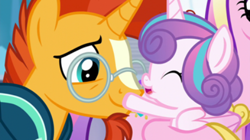 Size: 461x259 | Tagged: safe, screencap, princess cadance, princess flurry heart, sunburst, alicorn, pony, the crystalling, boop, cute, eyes closed, flurrybetes, hug, open mouth, smiling, uncle sunburst