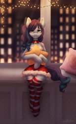 Size: 1200x1943 | Tagged: safe, artist:meow_misha, coloratura, earth pony, semi-anthro, bell, bell collar, choker, clothes, collar, cute, dress, female, looking at you, mare, pillow, rara, rarabetes, sitting, smiling, socks, solo, stars, stockings, striped socks, thigh highs