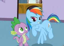 Size: 488x351 | Tagged: safe, screencap, rainbow dash, spike, dragon, pegasus, pony, spike at your service, female, male, mare